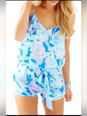Lilly Pulitzer Blue Deanna Multicolor Shell-Print Spaghetti-Strap Romper